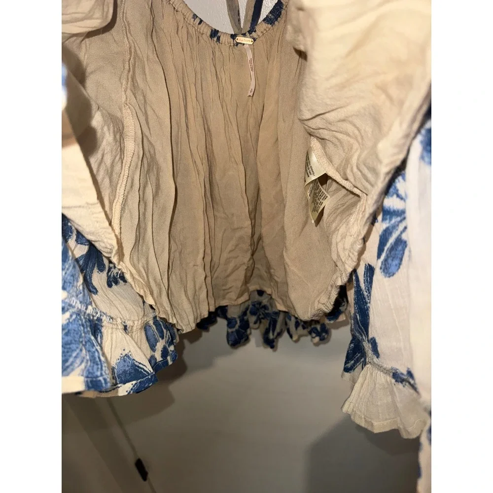Free People Perfect Day Mini Dress Blue Floral Smocked Puff Sleeve Small